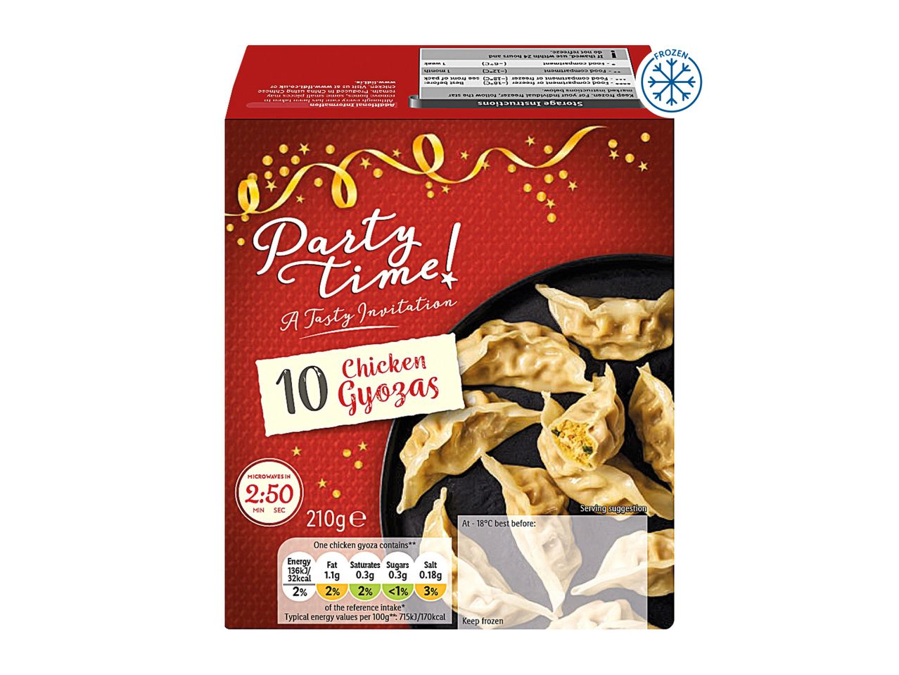 Lidl Party Time Chicken Gyozas, 10 pieces, 210g, with nutritional information and cooking instructions.
