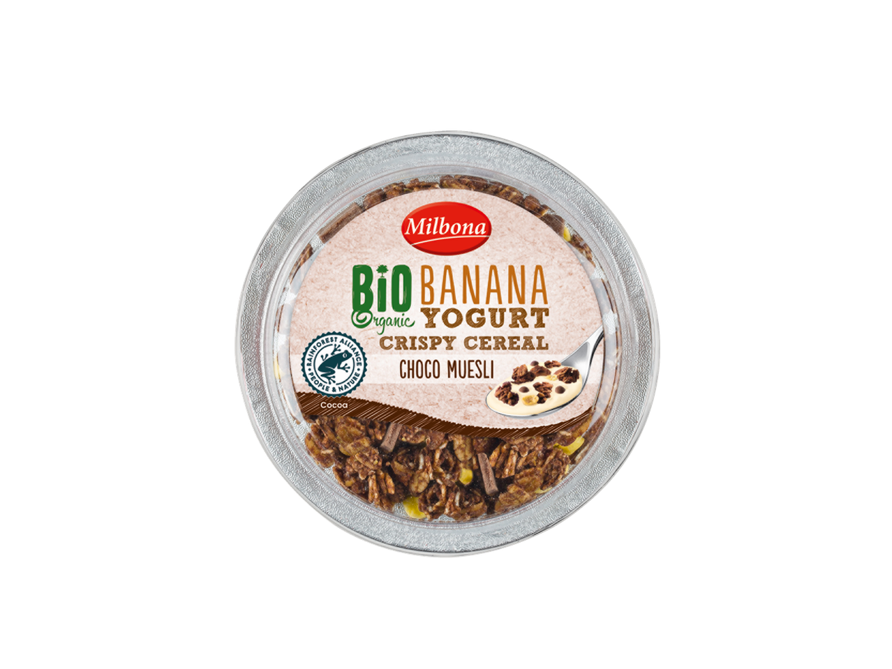 Milbona Bio Banana joghurt, ropogós csokoládés müzli gabonafélékkel.