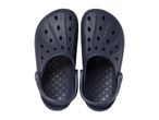 Pair of dark blue clogs with ventilation holes and textured footbeds