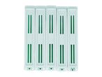Six green-striped labels on a white background.