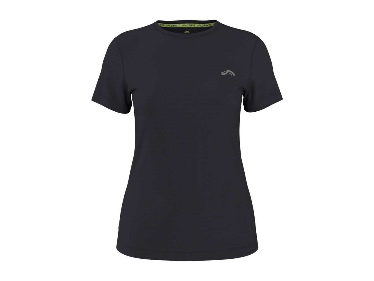 Black short-sleeved sports t-shirt with a small grey logo on the chest
