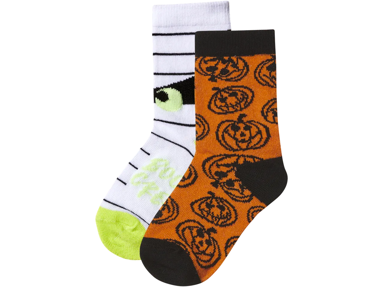Halloween socks with mummy and pumpkin patterns.