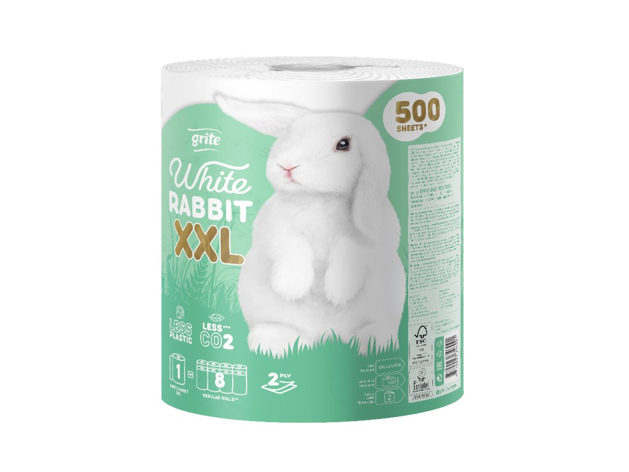 Tualetes papīra rullis Grite White Rabbit XXL ar balta truša attēlu