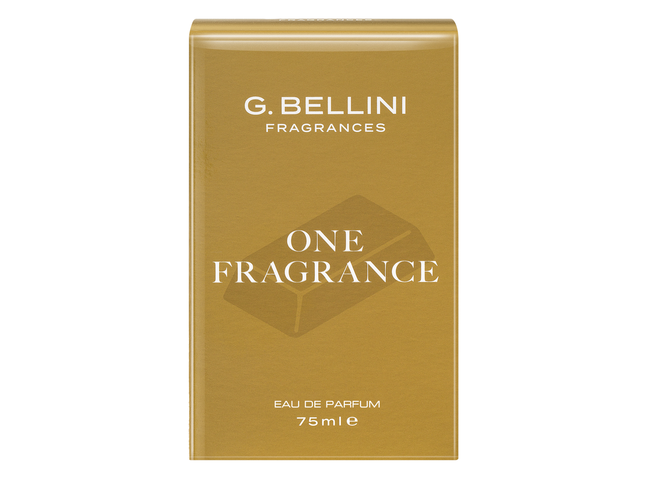 Златна кутия с парфюм, надписана с „ONE FRAGRANCE“ и „EAU DE PARFUM 75ml℮“.