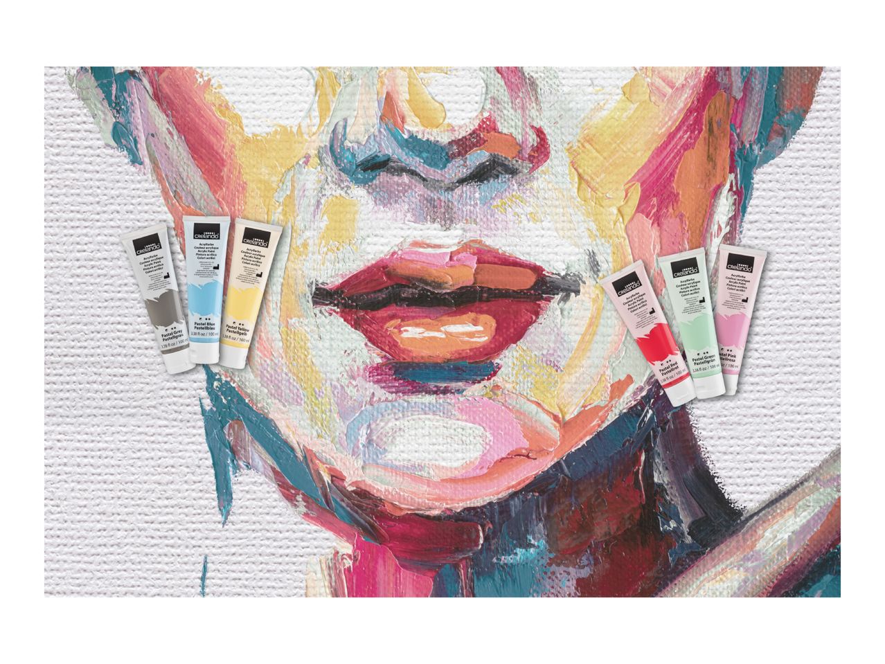 Acrylic paint tubes in various pastel colors on a vibrant, abstract painting of a face.