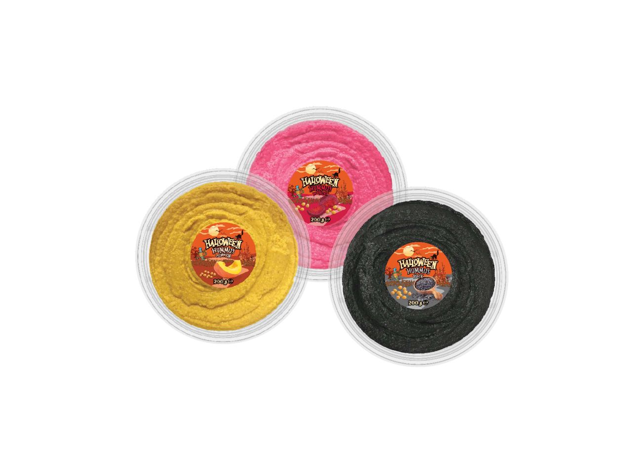 Trys „Halloween Hummus“ indeliai: moliūgų, burokėlių ir juodųjų sezamų sėklų skonio.
