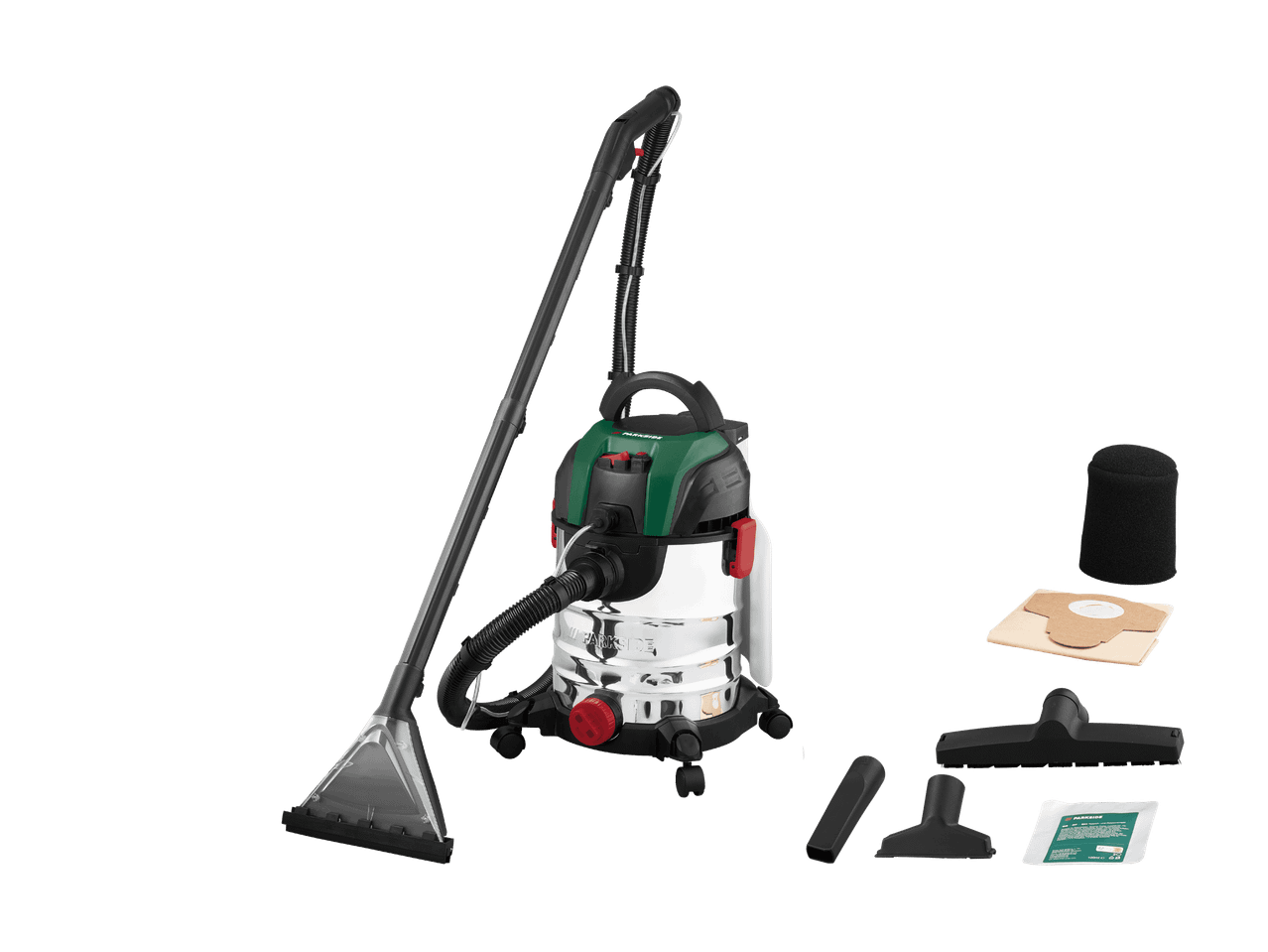 Aspirateur eau et poussière avec accessoires, y compris différentes buses et filtres.
