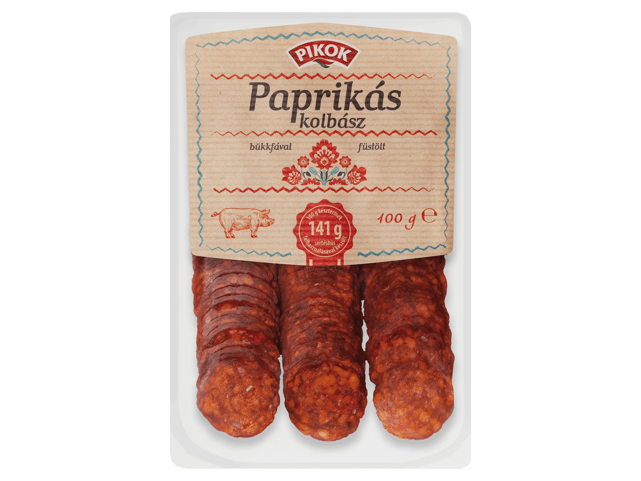 Szeletelt paprikás kolbász bükkfával füstölve, 100 g-os kiszerelésben.