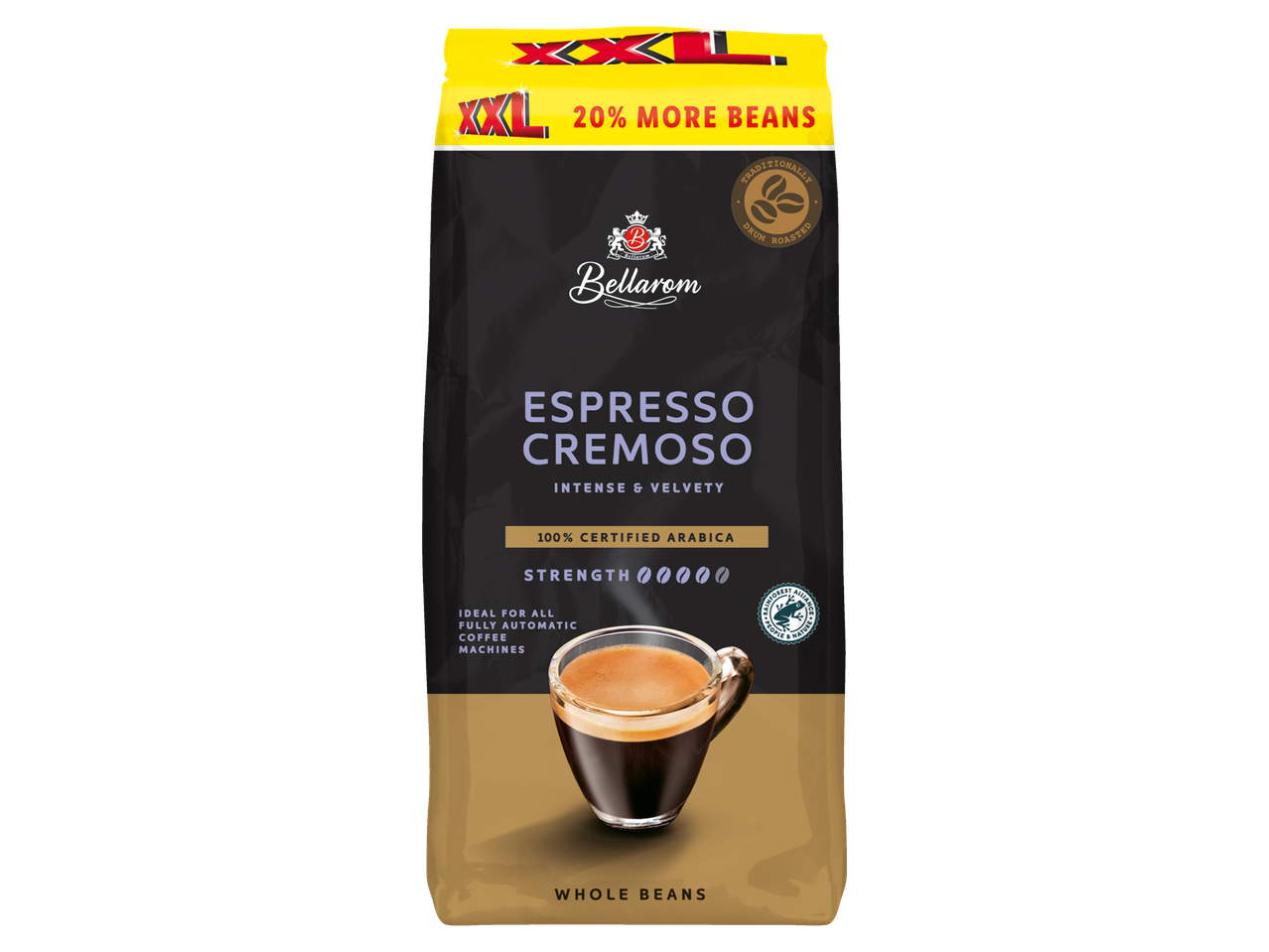 Cafea Bellarom Espresso Cremoso XXL boabe întregi, cu 20% mai multe boabe.