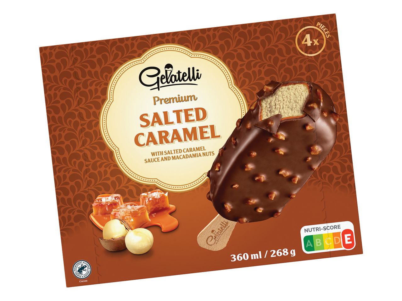 Gino Premium sladoledna palčka s slano karamelo in makadamijo.