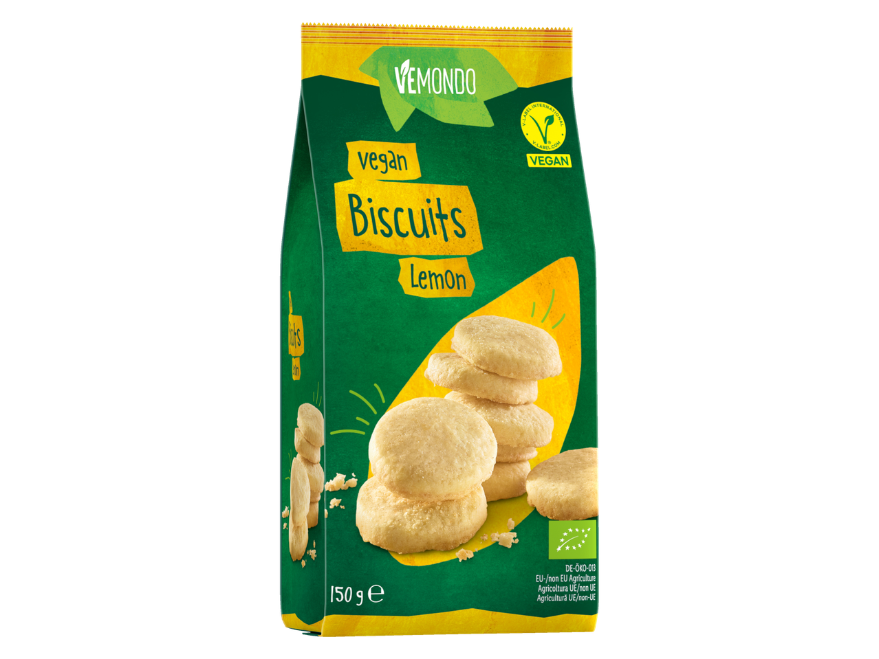 Fursecuri vegane bio Vemondo cu lămâie, în ambalaj verde.