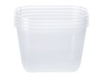 Stack of four clear plastic food storage containers with rounded corners.