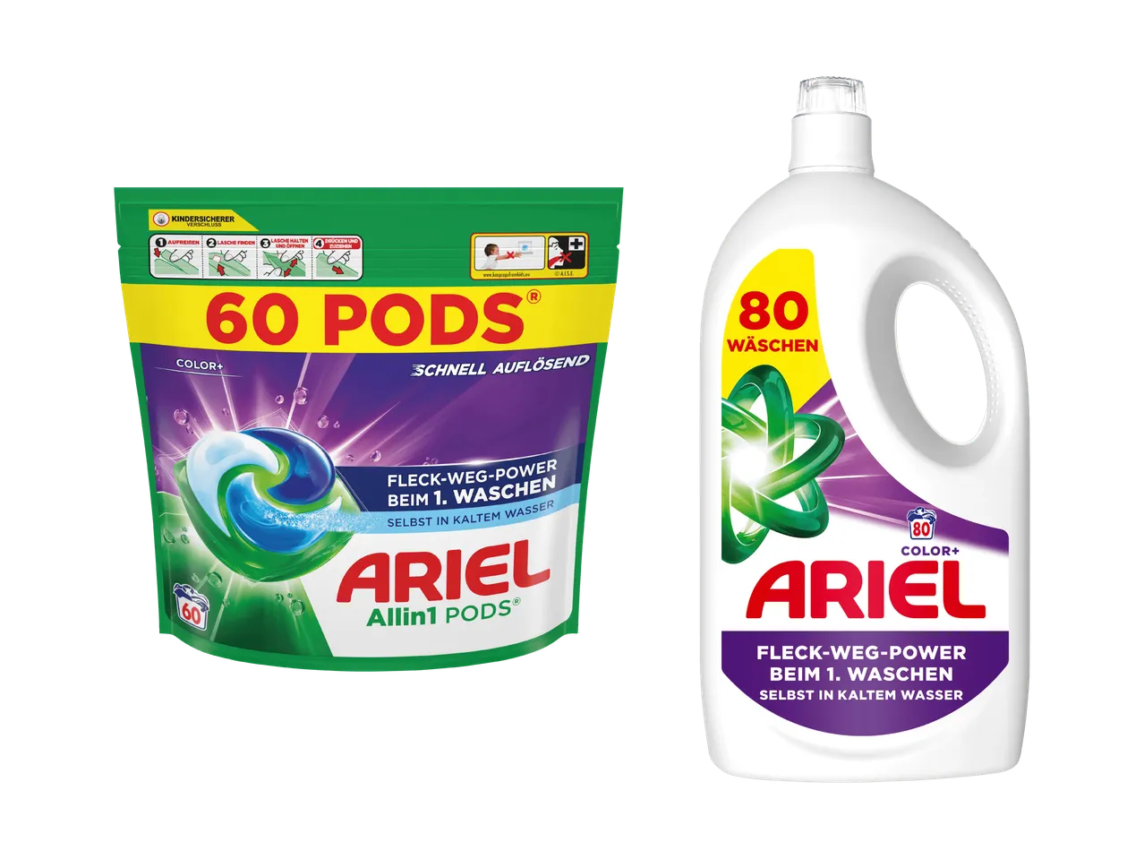 Waschmittel-Pods und Flüssigwaschmittel für 60 bzw. 80 Waschladungen