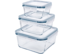 Stack of three clear glass food storage containers with blue-rimmed plastic lids.