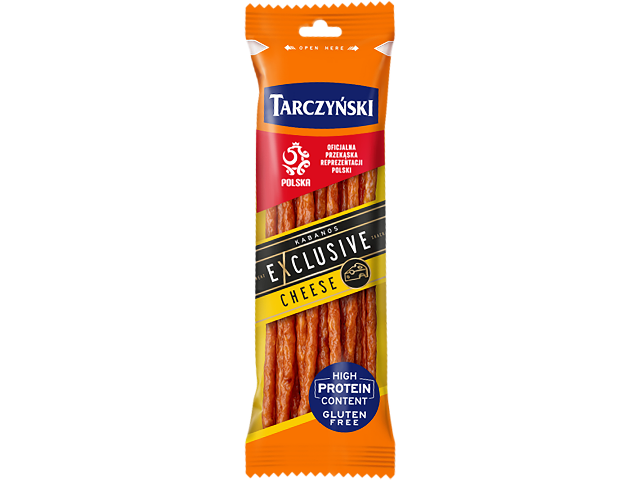 Tarczyński Kabanos Exclusive Cheese: Aukštos kokybės, daug baltymų turintys ir be glitimo lenkiški mėsos užkandžiai.