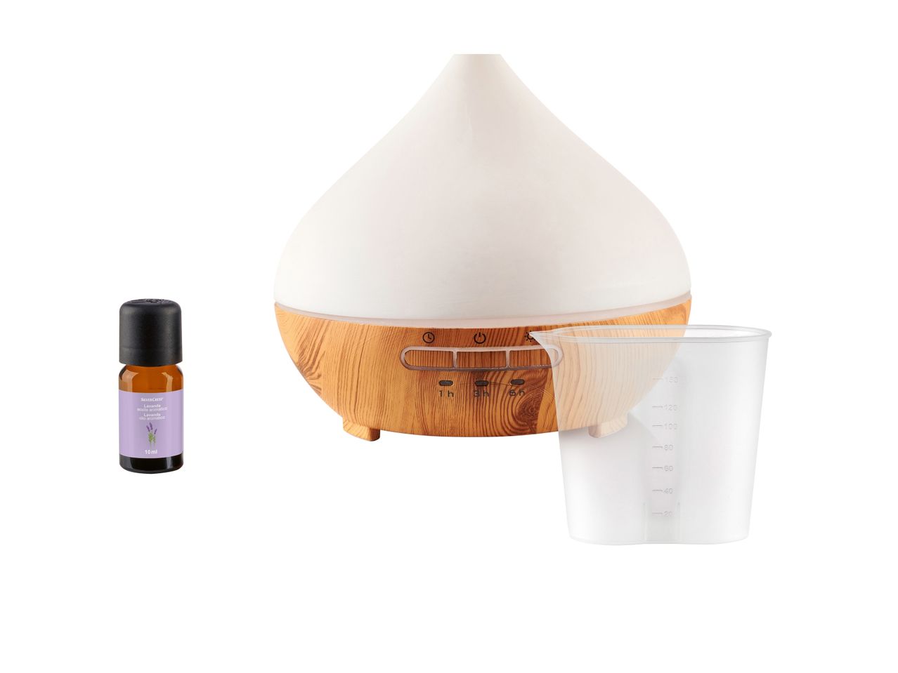 Umidificatore ad ultrasuoni con aromaterapia di oli essenziali in ceramica bianca e legno, con flacone di olio essenziale e bicchiere.