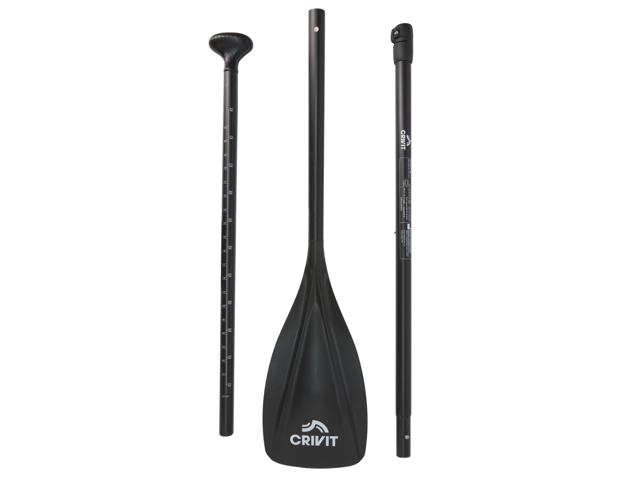 CRIVIT SUP paddle with adjustable shaft and blade, showing measurements and product details.