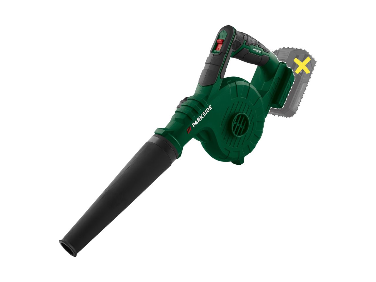 Cordless leaf blower with a black nozzle and a grey battery pack