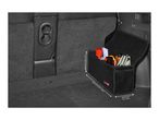 Car trunk organizer with various items like spray cans and an umbrella, showing dimensions.