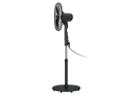 Black pedestal fan with a round base and a visible power cord, viewed from the side.