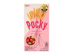 Strawberry-flavored biscuit sticks with a fiber source label, produced in Indonesia.