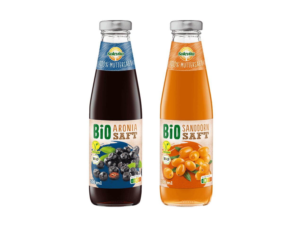 Zwei Flaschen Bio-Saft: Schwarzer Johannisbeersaft und Sanddornsaft.