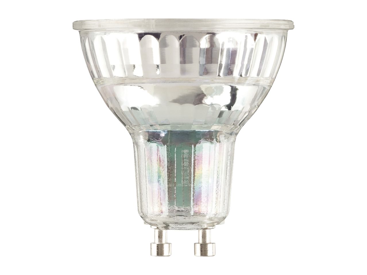 GU10 halogen light bulb with two pins, clear glass, and a faceted reflector.