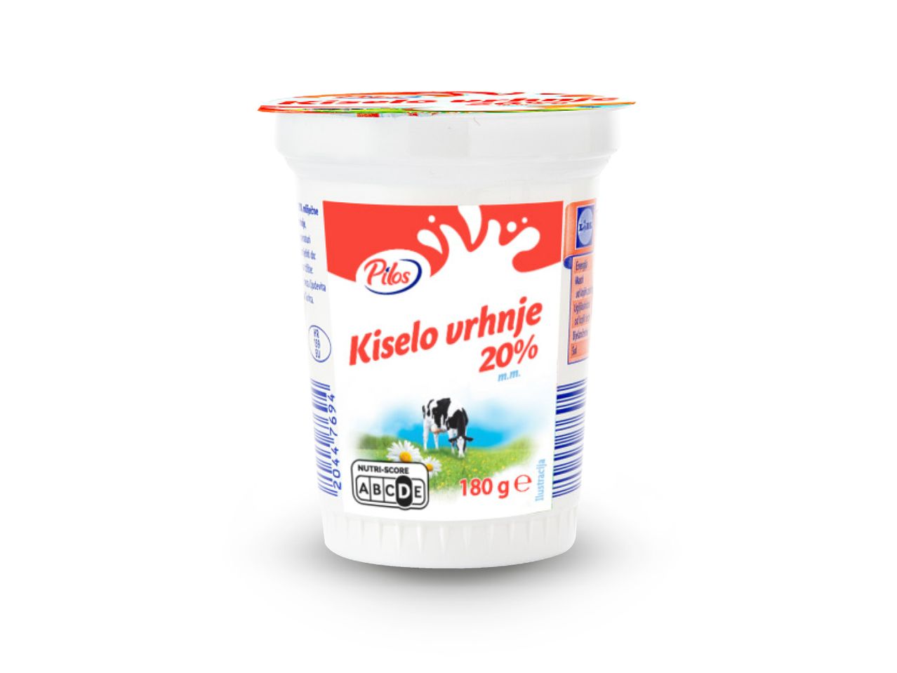 Pilos kiselo vrhnje 20% m.m. u pakiranju od 180 g s Nutri-Score oznakom.