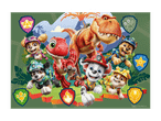 Paw Patrol-hvalpe og dinosaurer i en jungle-scene med farverige skjolde.