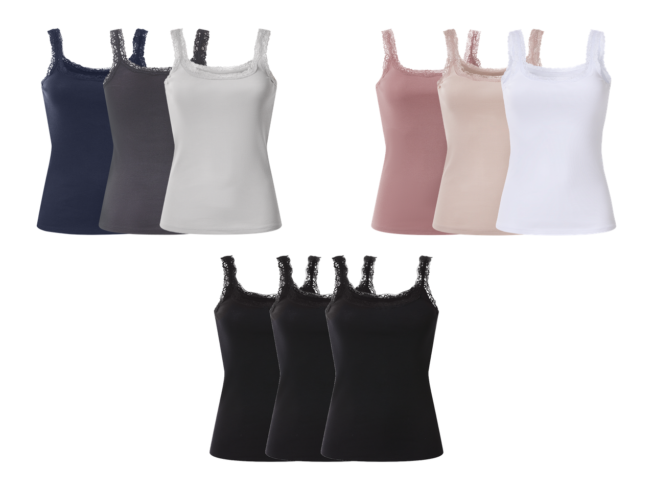 Set od devet ženskih potkošulja s čipkom u tamnoplavoj, sivoj, bijeloj, ružičastoj, bež i crnoj boji.
