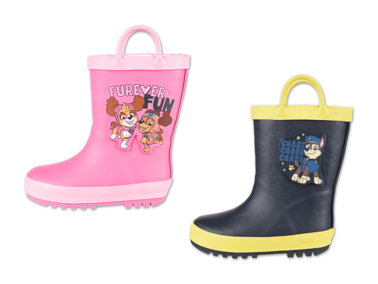 Zwei Paw Patrol Gummistiefel: ein pinker mit Skye und Everest, ein dunkelblauer mit Chase.