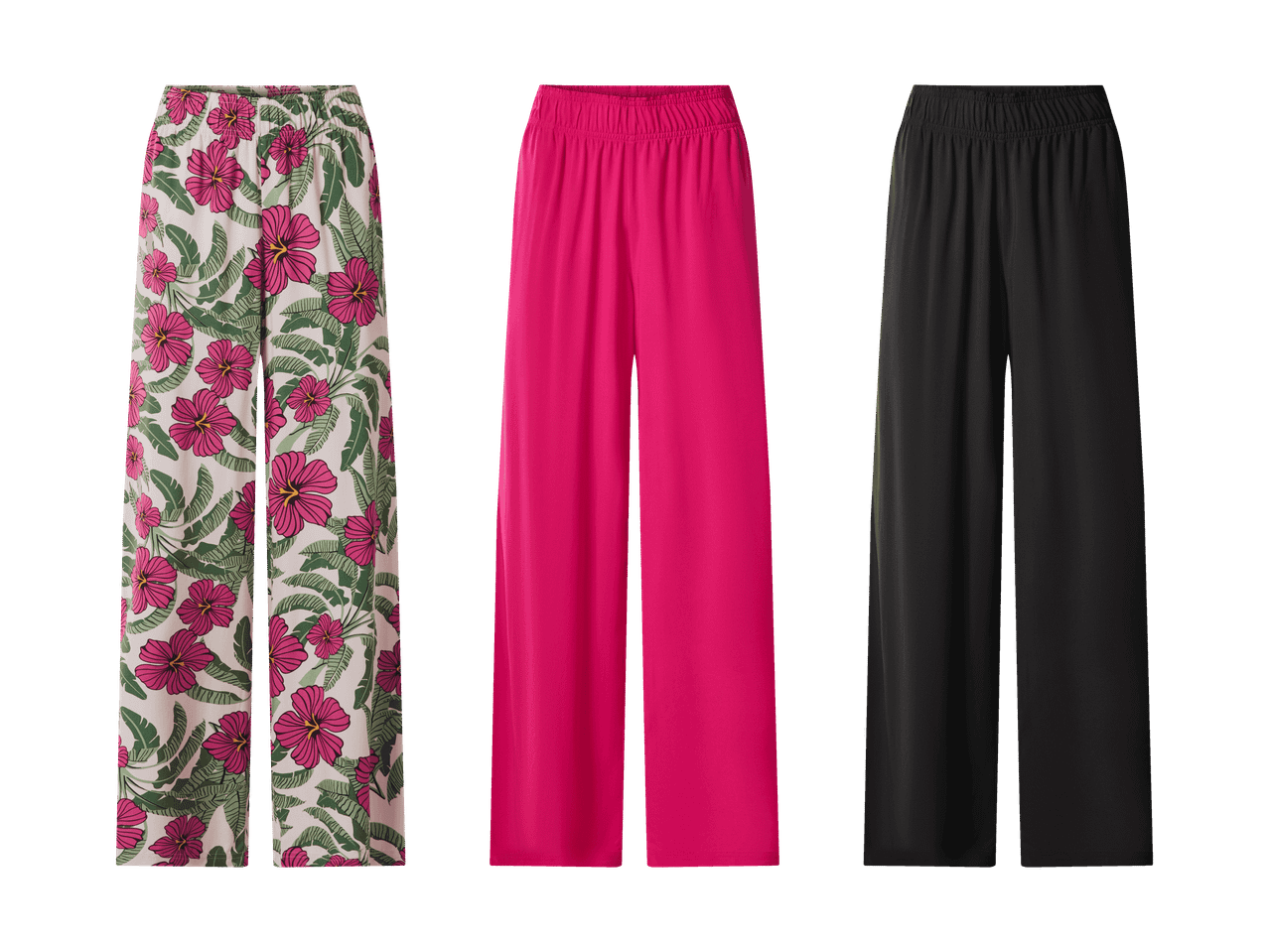 Drei weite Hosen: eine mit rosa-grünem Blumenmuster, eine fuchsiafarbene und eine schwarze.