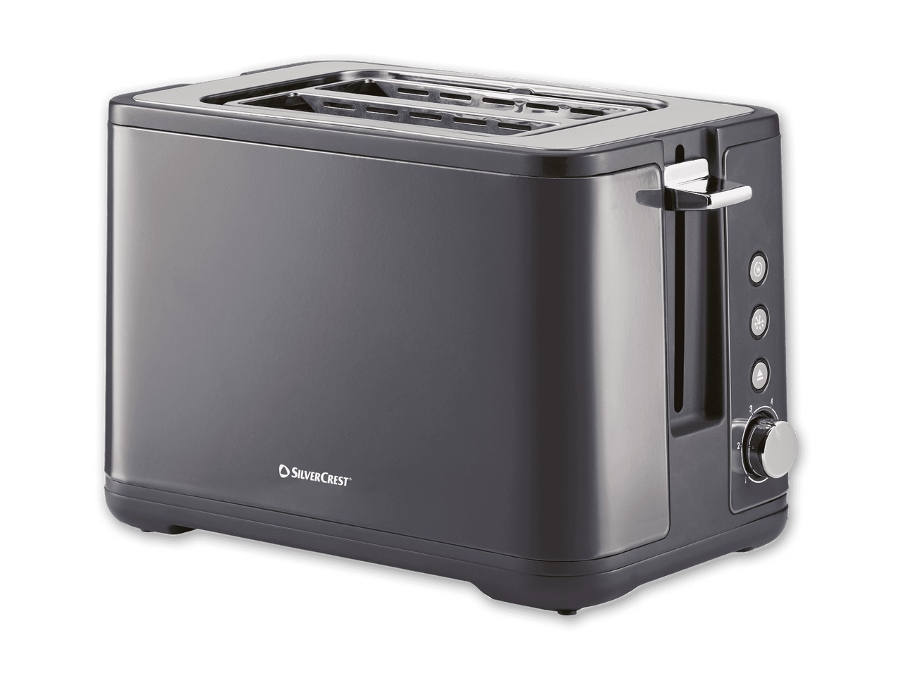 Eine dunkelgraue SilverCrest Toaster mit verschiedenen Funktionen.
