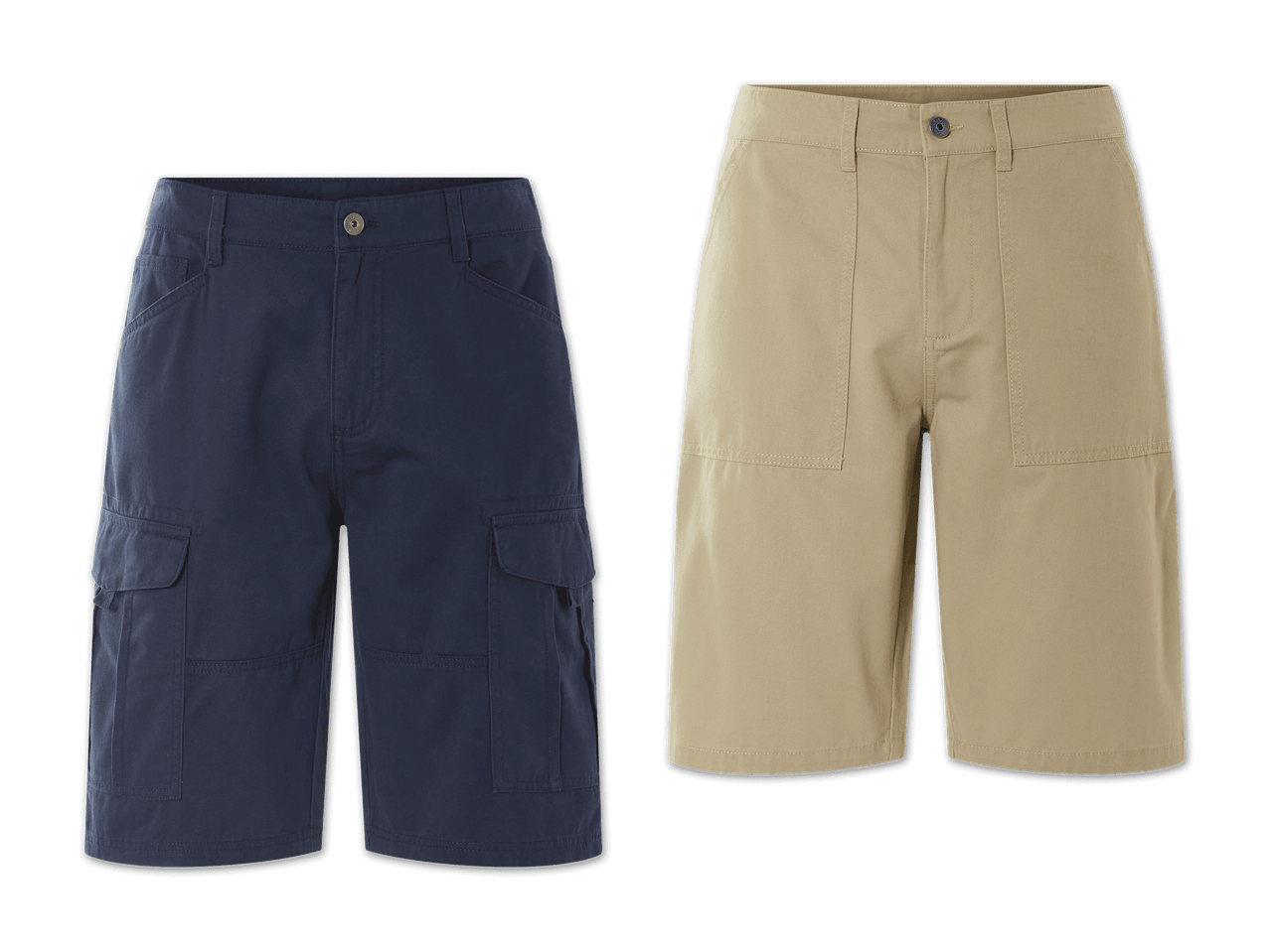 Zwei Herren-Cargo-Shorts in Marineblau und Khaki.