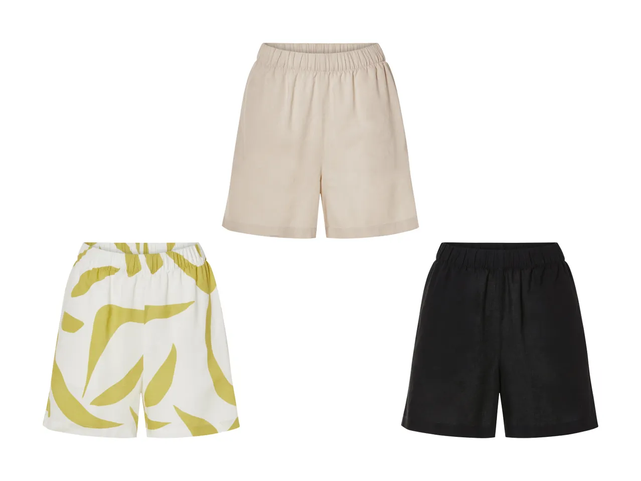 Tre par shorts: beige, sort og med et mønster.