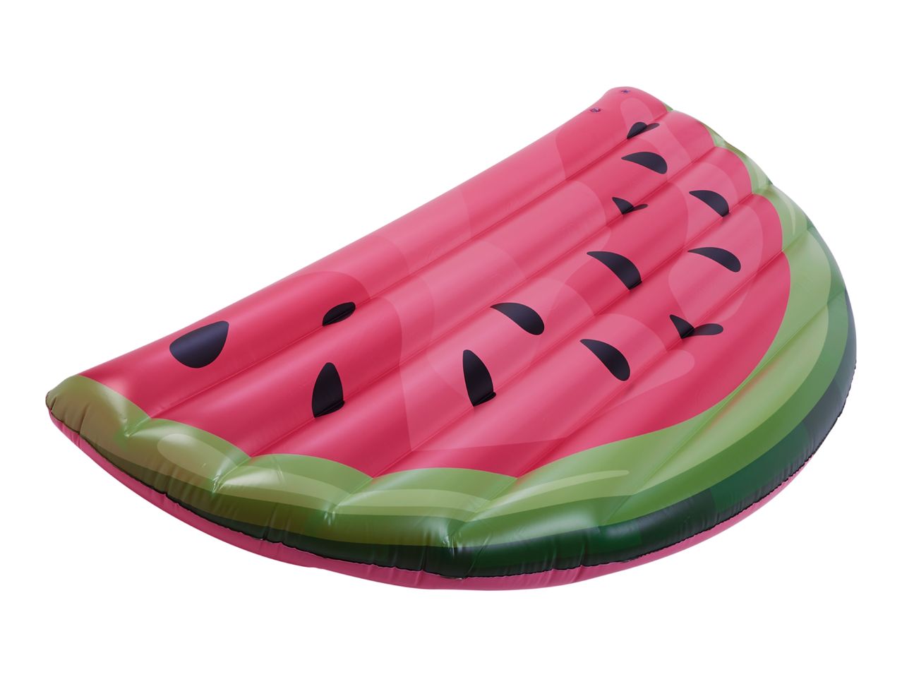 Watermelon-shaped inflatable pool float with pink flesh and green rind