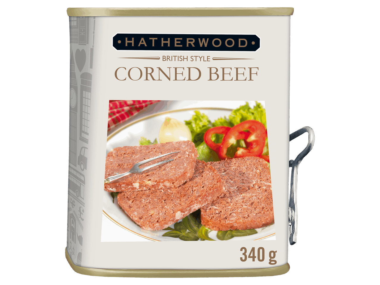 Konzerves marhahús szeletekkel tálalva, 340 g-os kiszerelésben.