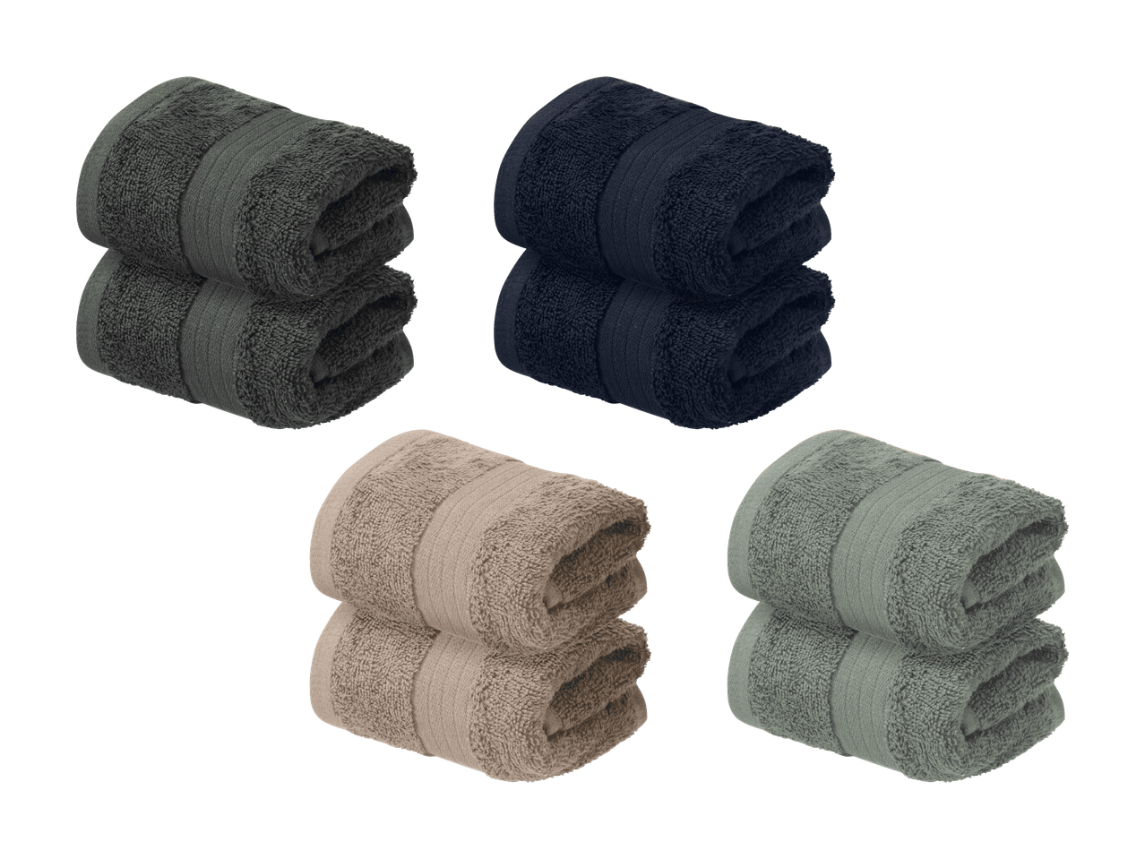 Quatre piles de deux serviettes de bain de couleurs différentes : gris foncé, bleu marine, beige et vert clair.