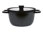 A black, round saucepan with a glass lid and two handles.