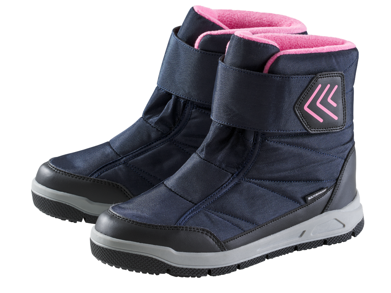 Детски сини зимни ботуши с розова подплата и велкро закопчаване.