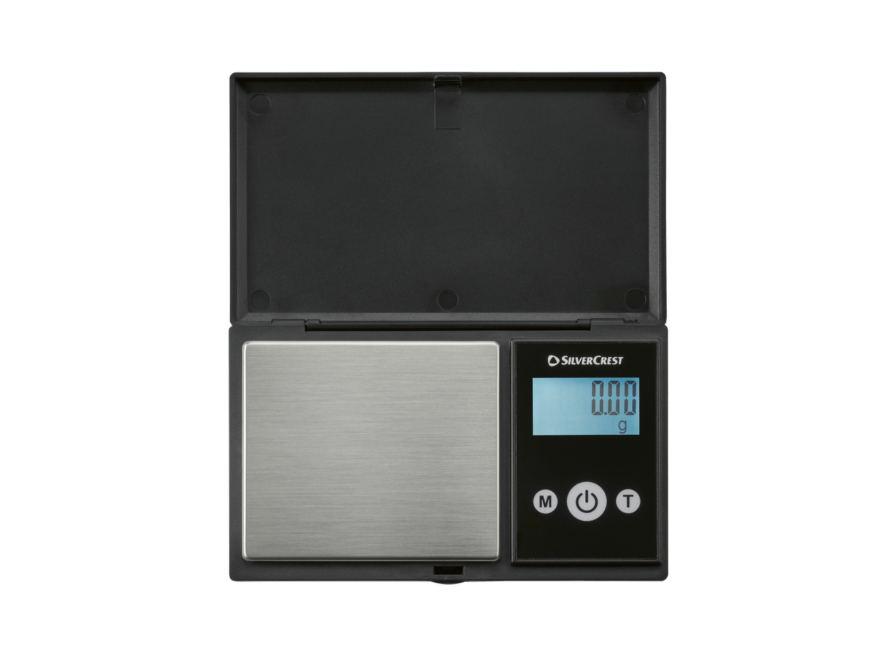 Balança de cozinha SILVERCREST com tampa aberta, exibindo 0.00 g.