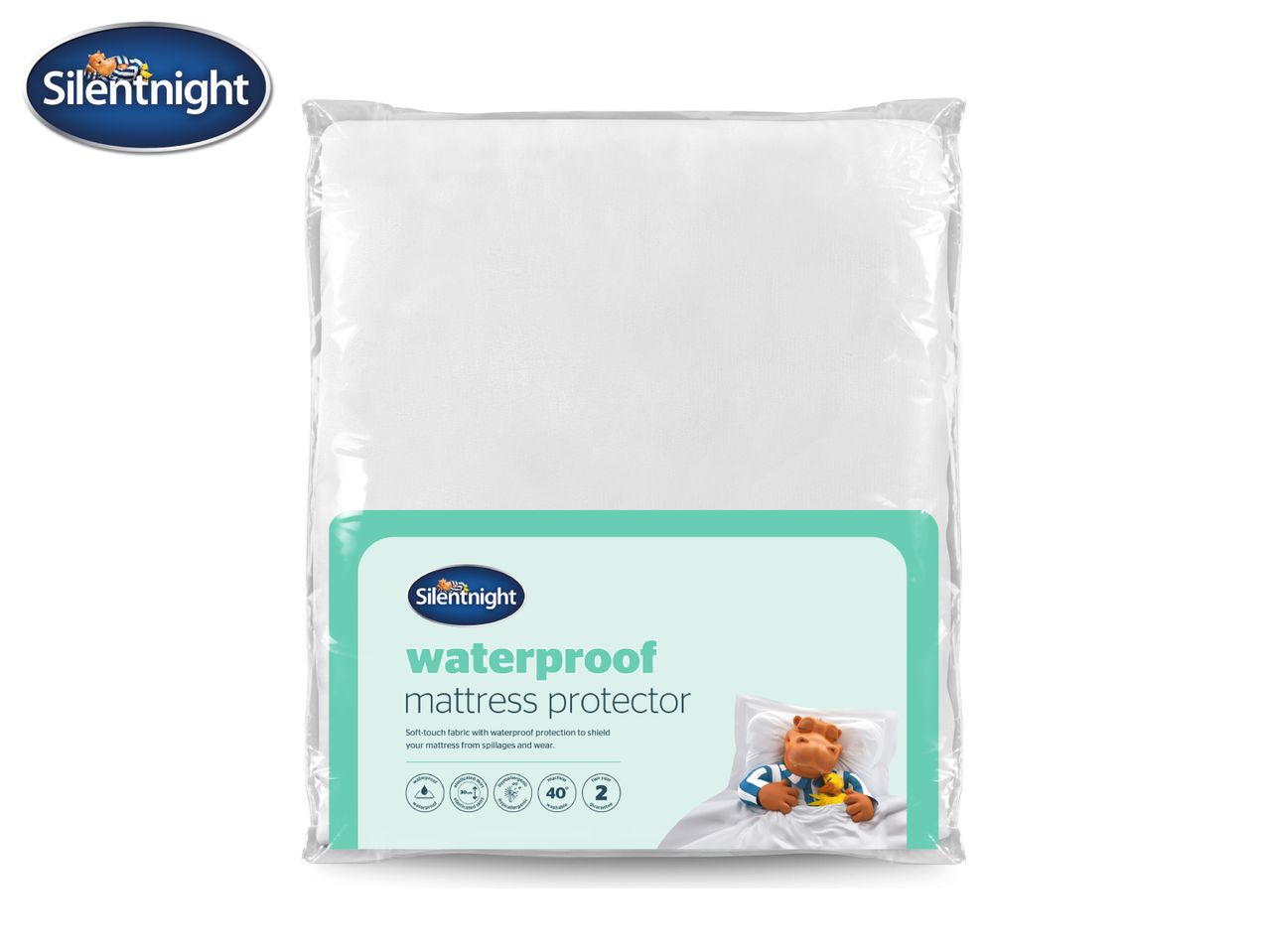 Waterproof mattress protector in clear packaging, featuring a sleeping hippo character and product benefits.