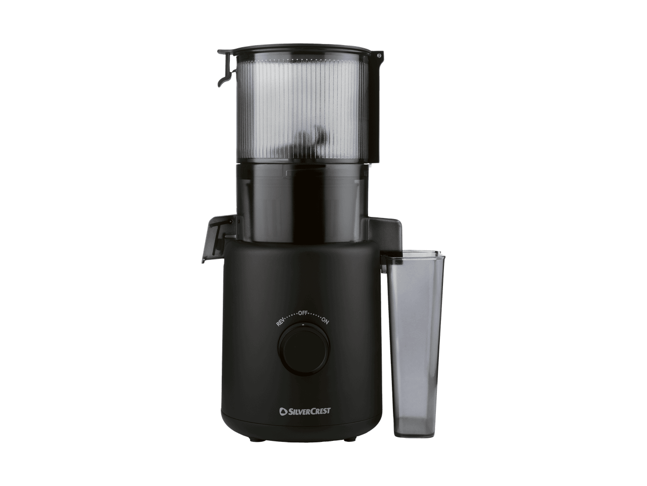 Extracteur de jus noir avec un récipient transparent pour la pulpe.