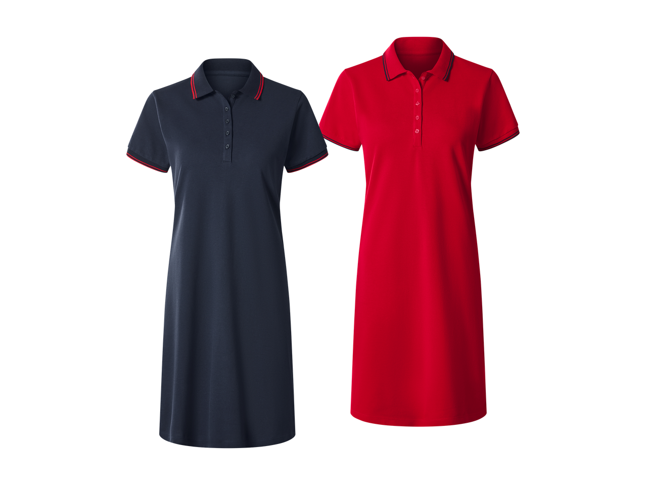 Dvije polo haljine, jedna tamnoplava s crvenim prugama i jedna crvena s tamnoplavim prugama.