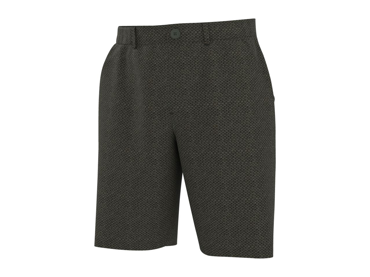 Dark green textured shorts with a button closure on a white background.