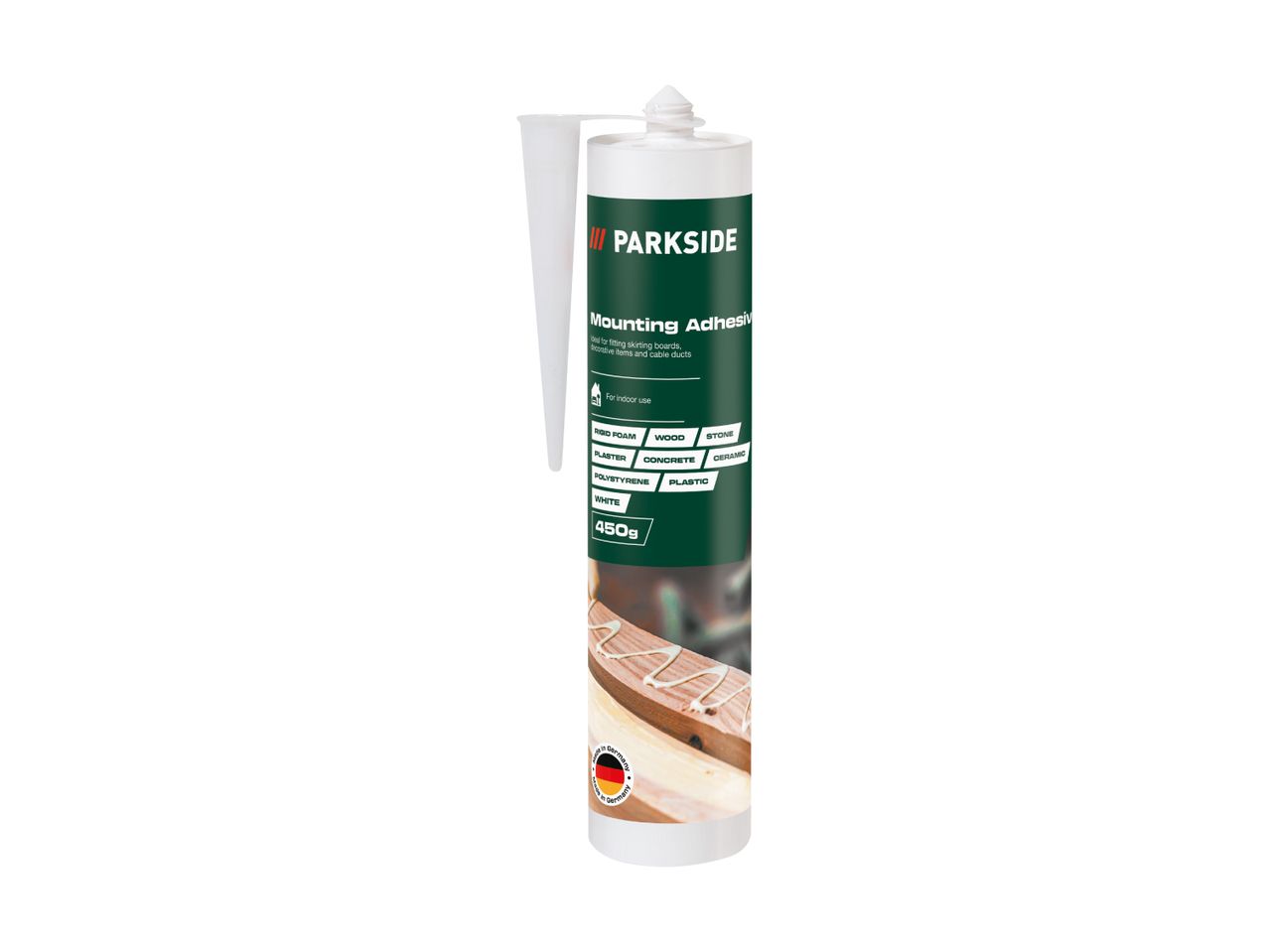 Mounting adhesive for various materials, 450g, white, for indoor use.