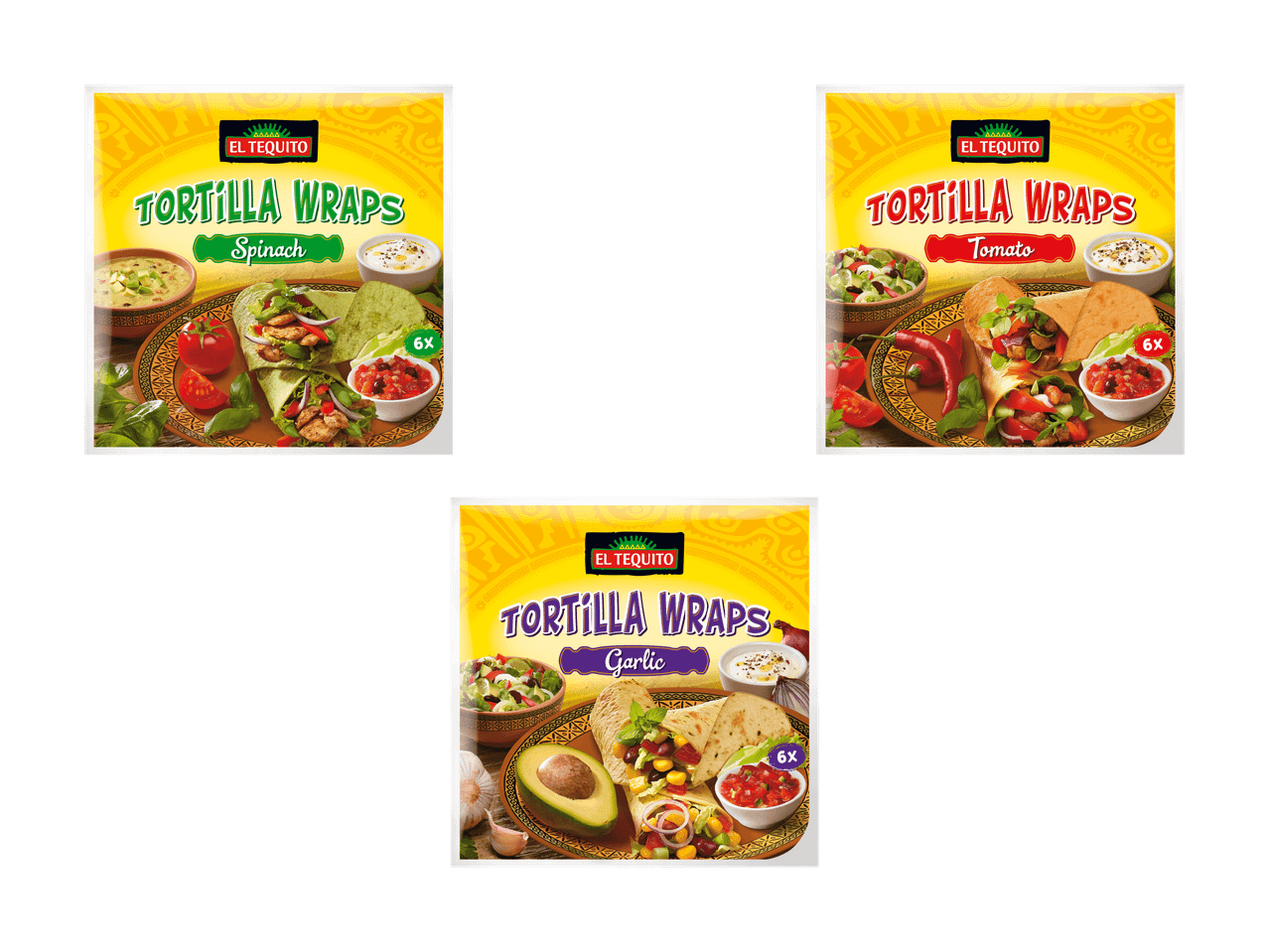 Tre confezioni di tortilla wraps El Tequito ai gusti spinaci, pomodoro e aglio.