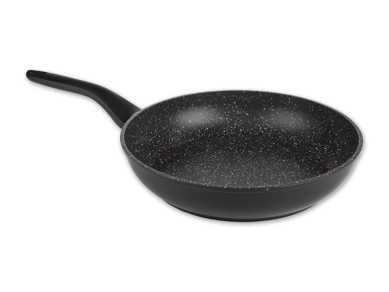 Eine schwarze Pfanne mit marmoriertem Boden.