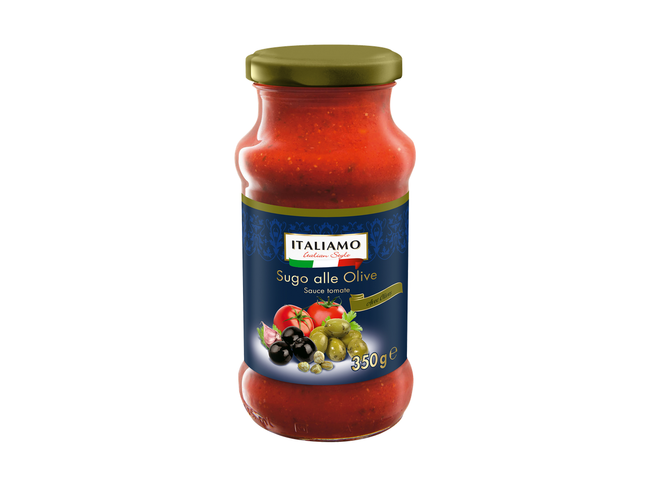 Bocal de sauce tomate aux olives, ail et câpres, avec l'inscription 'Sugo alle Olive' et '350g e'.