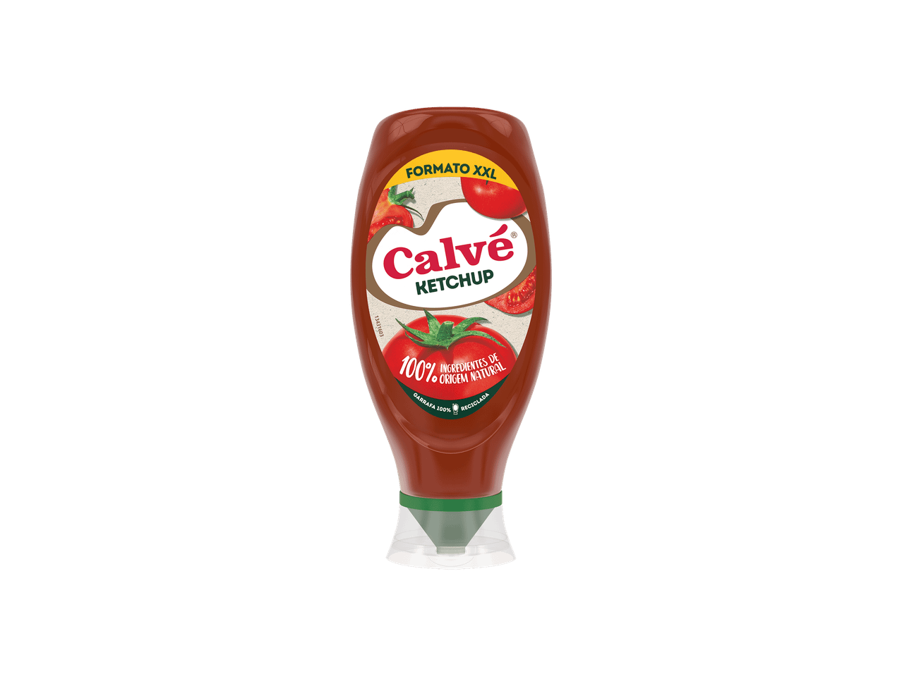 Garrafa de ketchup em formato XXL com rótulo de 100% ingredientes de origem natural.